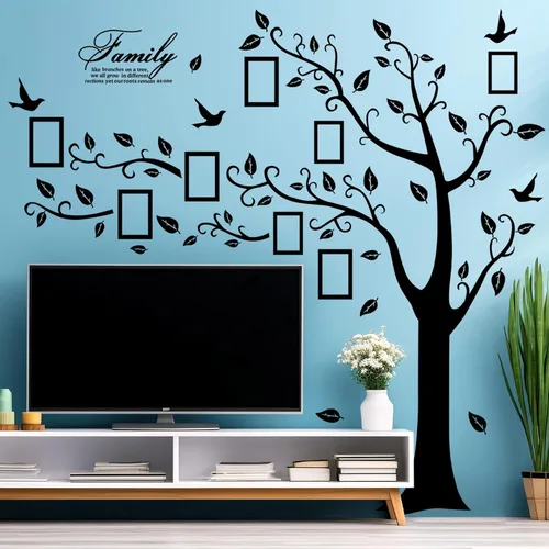 Vista 7 de Adhesivo de pared para árbol de fotos familiar grande, marco de fotos 3D, calcomanías de pared de árbol con citas extraíbles, hojas y pájaros, Negro