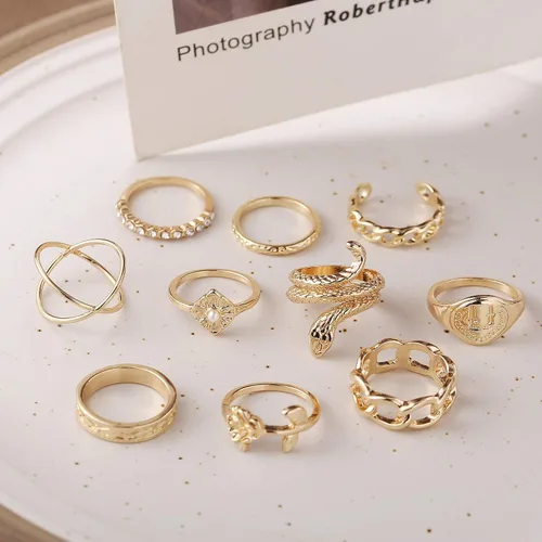 Vista 5 de Juego de anillos de nudillos dorados y plateados para mujeres y niñas 10 anillos BOHO anillos de cadena de serpiente vintage anillo de declaración