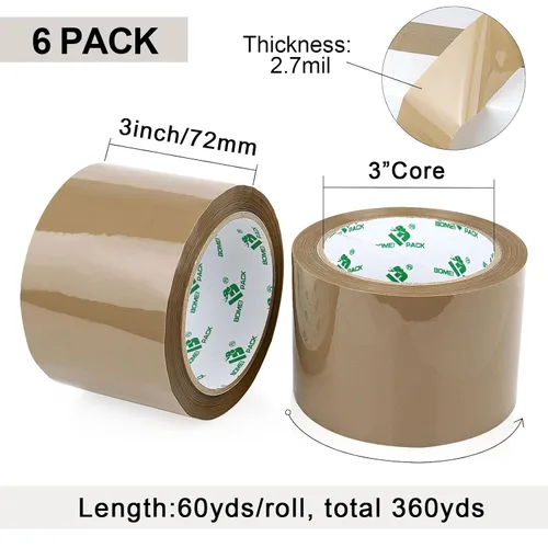 Vista 3 de BOMEI PACK Cinta de embalaje marrón de 3 pulgadas de ancho, repuestos de cinta de embalaje marrón resistente para cajas de mudanza, envío