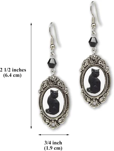 Vista 3 de Black Cat Camafeo En Plata Acabado Marco Cuelgan Pendientes Con Cuentas Negras, Metal