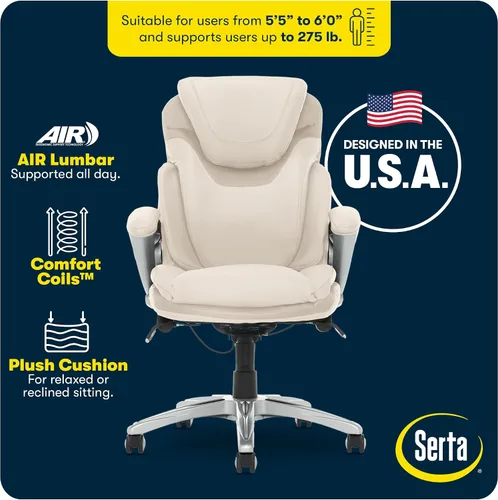 Vista 5 de Serta AIR Health and Wellness - Silla de oficina ejecutiva, respaldo alto, ergonómica grande y alta para soporte de madera, giratoria, piel Blanco