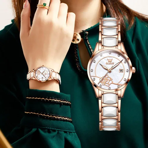 Vista 7 de OLEVS Relojes para mujer, oro rosa, de dos tonos, de moda, de cerámica, blanco, esfera rosa, roja, acero inoxidable, fecha impermeable
