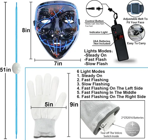 Vista 5 de LED Mask Gloves Shoelace Set, Red & Blue Halloween Costume Rave Cosplay Kit