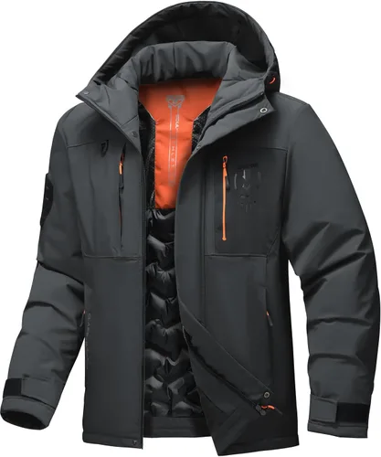 Vista 10 de Chaqueta térmica impermeable a prueba de viento para hombre, con capucha, aislada, ligera, abrigo de nieve de invierno con múltiples bolsillos