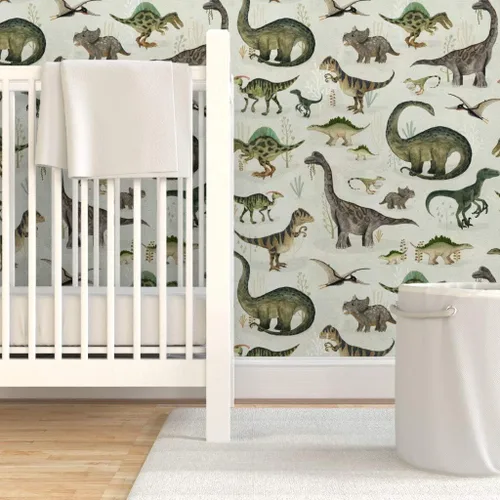 Vista 6 de Spoonflower Papel tapiz para despegar y pegar - Dinosaurios grandes Verde Niños Gris Animales Niños Ilustración Dino Papel pintado extraíble
