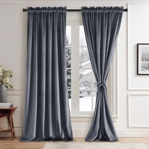 Vista 104 de JIUZHEN Cortinas de terciopelo beige de 63 pulgadas de ancho x 63 pulgadas de largo, cortinas de terciopelo retro suaves con bolsillo para barra