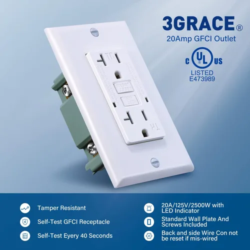 Vista 2 de 3GRACE Tomacorriente GFCI de 20 Amperios, Receptáculo GFI Resistente a Manipulaciones con Indicador LED, Interruptor de Circuito de Falla a Tierra
