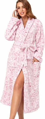 Vista 18 de RONGTAI - Bata de baño de felpa para mujer, batas largas y cálidas de felpa para damas, bata de noche de felpa, ropa para dormir Negro