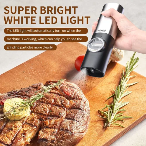 Vista 4 de Molinillo eléctrico de sal o pimienta, funciona con pilas, molinillo automático de sal y pimienta con luz LED, grosor ajustable, incluye cepillo