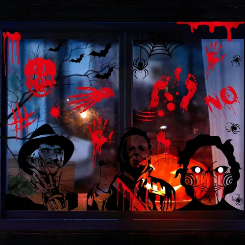 Vista 2 de Calcomanías para ventana de Halloween, calcomanías de personajes de película de terror, calcomanías grandes reutilizables para ventana, decoración