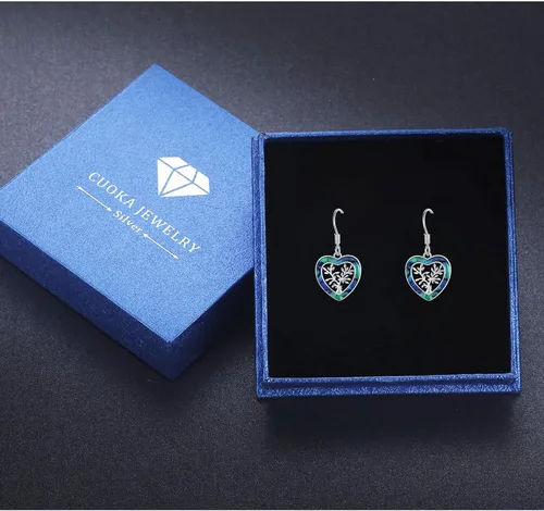 Vista 7 de Aretes de plata de ley 925 con forma de árbol de la vida, con forma de corazón de abulón, árbol genealógico, joyería de corazón para mujer, Plata