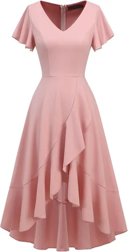 Vista 2 de DRESSTELLS Vestidos formales para mujer 2023 con volantes, cuello en V, vestido de cóctel, fiesta de té, vestido modesto de iglesia para invitados