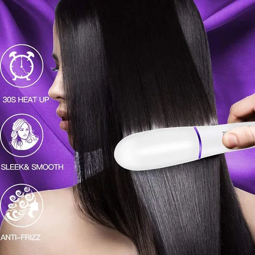 Vista 6 de Cepillo alisador de pelo de tamaño mini para mujer, peine eléctrico antiquemaduras alisador con pantalla LED, cepillo iónico portátil para viajes