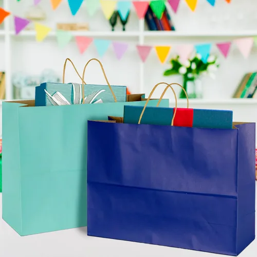 Vista 5 de BLEWINDZ 70 bolsas de papel grandes con asas, 16 x 6 x 12 pulgadas, bolsas de compras de papel multicolor para pequeñas empresas, bolsa de regalo 10