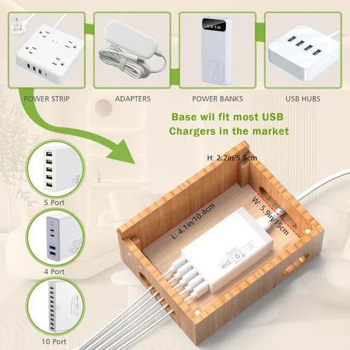 Vista 7 de Pezin & Hulin Estación de carga de bambú para múltiples dispositivos con cargador USB de 5 puertos, 5 cables, soporte para reloj y auriculares