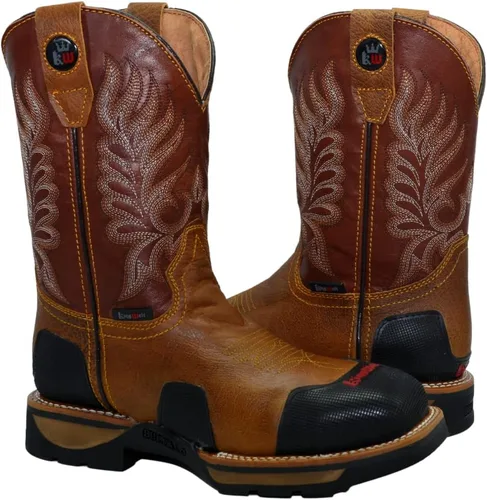 Vista 3 de King Welt Buffalo Tan - Botas de trabajo de cuero de alta calidad antideslizantes para hombre, puntera de acero, punta cuadrada, sin cordones