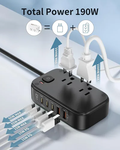 Vista 6 de Regleta de alimentación de viaje, estación de carga USB rápida de 65 W, cargador USB 7 en 1 máximo con 2 tomas, 3 USB C y 2 USB A, cable de Negro
