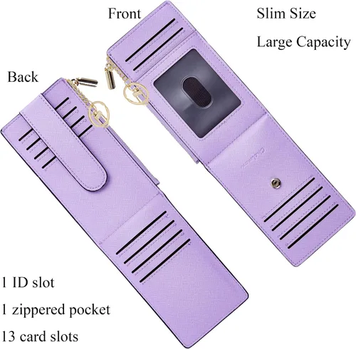 Vista 3 de Chelmon Billetera delgada con bloqueo RFID para mujer, con bolsillo con cremallera, Púrpura claro, Minimalista