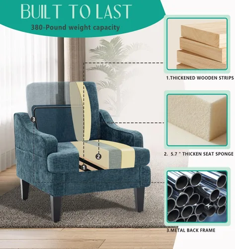 Vista 4 de Silla de acento moderna para dormitorio, silla de lectura tapizada con bolsillos laterales, sillas cómodas para sala de estar, sillón para sala