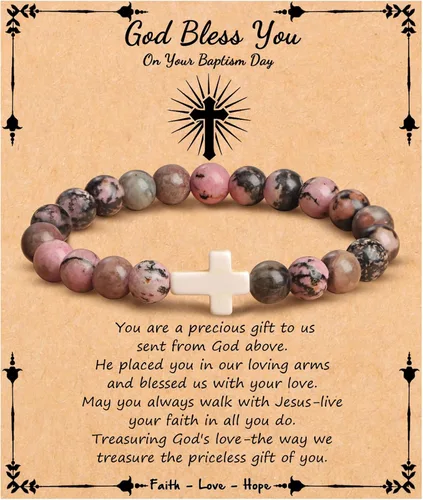 Vista 13 de JoycuFF Regalos Cristianos, Pulseras de Cruz para Mujeres, Joyería Cristiana Católica Religiosa de Fe de Pascua, Pulseras de Piedra Natural
