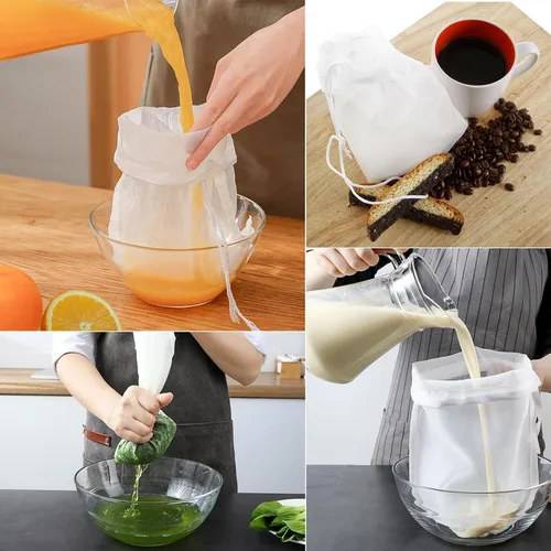 Vista 6 de Paquete de 2 bolsas reutilizables de malla fina de 150 micrones, bolsa de leche de nueces, colador de nailon para colar jugos de frutas, prensa