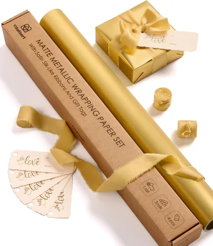 Vista 14 de Vitalizart Juego de papel de regalo metálico negro mate de 17 pulgadas con cinta de satén de seda y etiquetas de regalo, envoltura de regalos