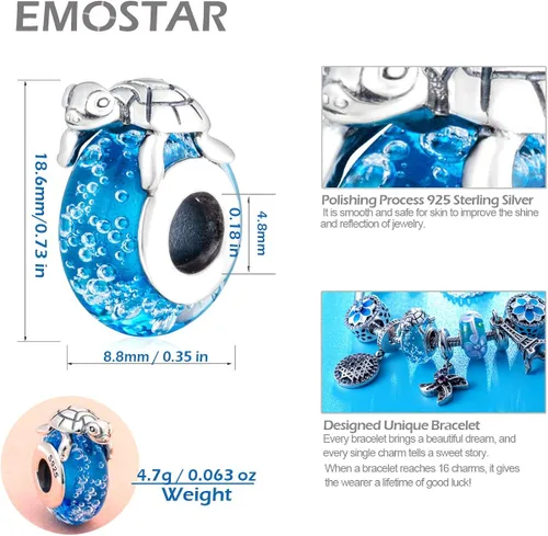 Vista 4 de Los dijes del océano marino se adaptan a la pulsera europea de animales de verano, delfines madresniños, tortuga sobre cuentas de vidrio azul, pez