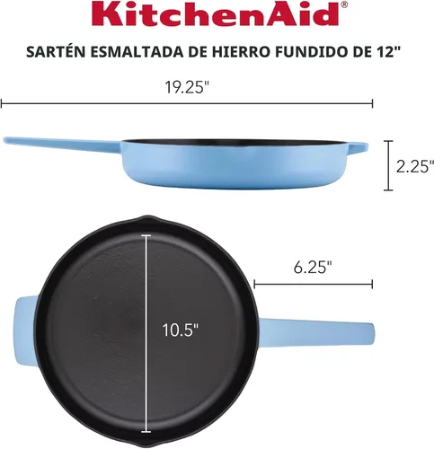 Vista 2 de KitchenAid Sartén/sartén de hierro fundido esmaltado con mango auxiliar y boquillas de vertido, 12 pulgadas, terciopelo azul
