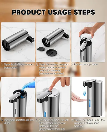 Vista 6 de Dispensador automático de jabón, dispensador de jabón líquido de acero inoxidable sin contacto de 13.5oz/400ml, dispensador de platos eléctrico