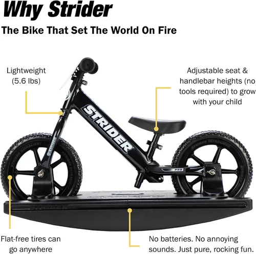 Vista 4 de Strider Bicicleta Pro de 12" (Perla Negra) + Base Mecedora - Ayuda a Enseñar al Bebé Cómo Montar una Bicicleta de Equilibrio - para Niños de 6 Meses