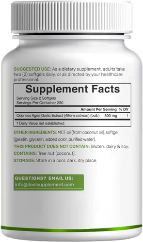 Vista 6 de DEAL SUPPLEMENT Píldoras de ajo envejecido sin olor, 6,000mg por porción, 500 cápsulas de gel suave – Extracto de aceite de ajo 24:1 – Fuente