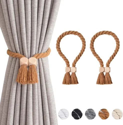 Vista 82 de NICEEC 2 Pack de Alzapaños Magnéticos de Madera en Forma de Cubo Boho para Decoración del Hogar, Alzapaños de Lino Tejidos a Mano para Cortinas Beige