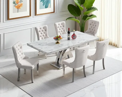 Vista 59 de Juego de 4 mesas de comedor blancas y doradas, mesa de cocina rectangular de 68 pulgadas con parte superior de mármol sintético blanco, mesa de Mesa