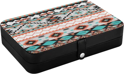 Vista 3 de Joyero de viaje con patrón azteca, piel sintética, doble capa, organizador de joyas de viaje, caja de joyería portátil para anillos, aretes