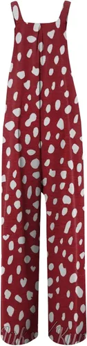 Vista 4 de TREBIN Overol de pierna ancha para mujer, casual, holgado, sin mangas, estampado retro, con botones, pantalón largo