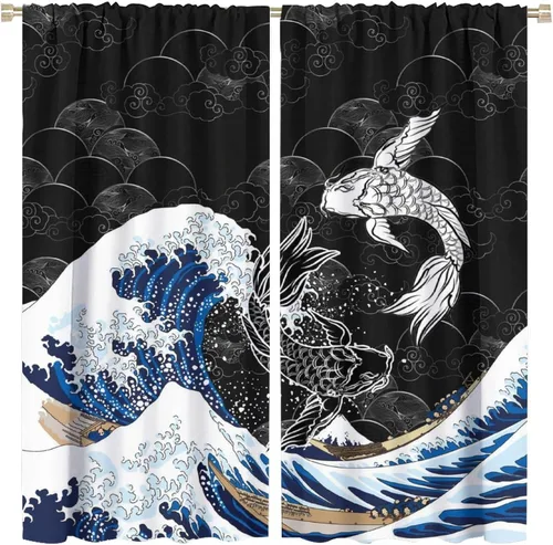 Vista 10 de Koi Fish - Cortinas opacas para cocina, estilo japonés, románticas, con estampado de flores de cerezo, con bolsillo para cortinero, cortinas opacas