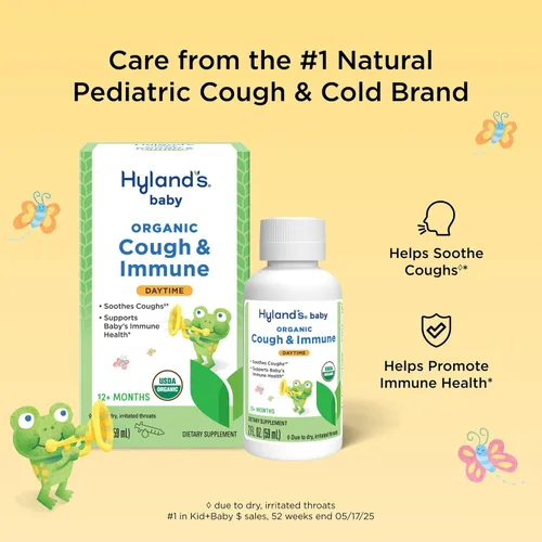 Vista 2 de Hyland's Jarabe orgánico para la tos y apoyo inmunológico para bebés con agave, saúco y granada, alivia la tos y apoya la inmunidad, durante el día