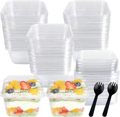 Vista 10 de Paquete de 100 vasos de plástico desechables apilables transparentes de 10 onzas con tapas planas, tazas de helado PET de 10.1 fl oz con tapas