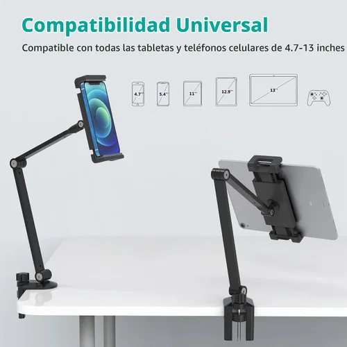 Vista 4 de Soporte de escritorio para iPad, abrazadera ajustable para tableta, rotación de 360 grados, soporte de brazo de aluminio resistente para iPad Negro