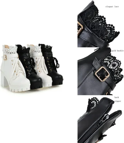 Vista 7 de BEAUPAS Botas de tacón alto con plataforma gruesa para mujer, con cordones, estilo gótico, tacón de bloque, zapatos punk (blanco, 8), Blanco