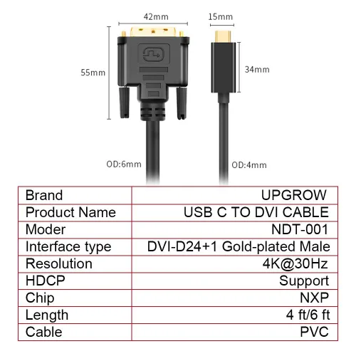 Vista 6 de UPGROW Cable USB-C a DVI de 6 pies, soporta 4K a 30 Hz, compatible con MacBook Pro, Surface Book 2, Dell XPS 13, Galaxy S10, monitores, proyectores