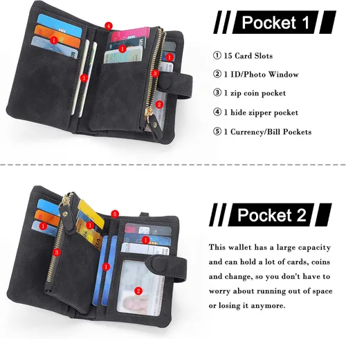 Vista 3 de Billeteras con bloqueo RFID para mujer, de gran capacidad, de cuero suave, cartera pequeña con correa para la muñeca, Negro -, Casual