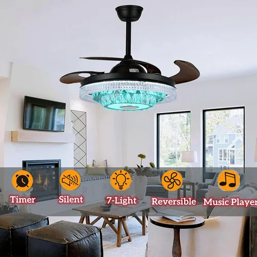 Vista 2 de Ventilador de techo reversible de 42 pulgadas con luces altavoz Bluetooth, lámpara inteligente de cristal regulable de 7 colores con control remoto