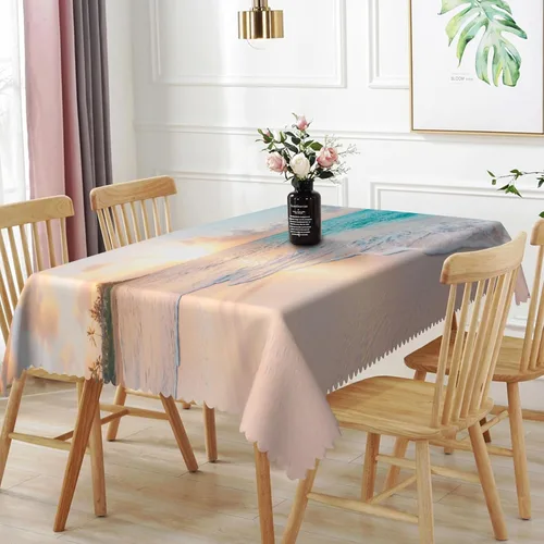 Vista 27 de Mantel oblongo, diseño de playa de 52 x 70 pulgadas, diseño de playa con estrellas de mar y olas de mar, con decoración impermeable y resistente a