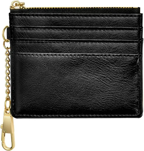 Vista 45 de URAQT Cartera para tarjetas de crédito, cartera minimalista de cuero delgado con cremallera, mini protector de tarjeta de crédito, llavero bolsillo