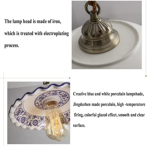 Vista 7 de MARURY Lámpara colgante de techo, luz colgante de porcelana azul y blanca, lámpara clásica de cerámica pequeña ajustable para cocina, isla