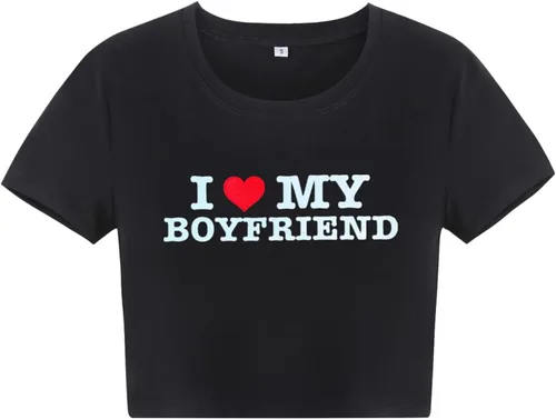 Vista 2 de Kavousa Camiseta corta con texto en inglés "I Love My Boyfriend" de manga larga Y2K, camiseta de gran tamaño para mujeres, adolescentes y niñas