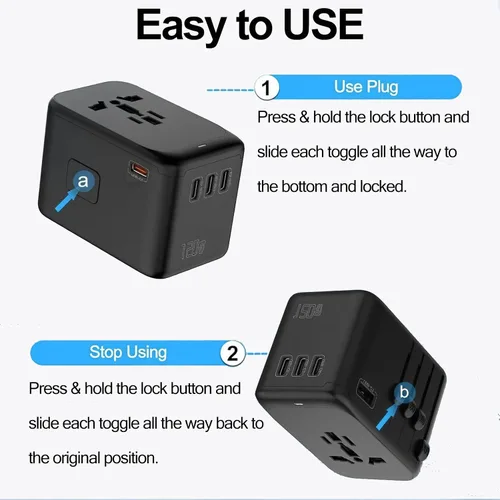 Vista 6 de JMFONE Adaptador de viaje universal con GaN 100W, adaptador de enchufe de corriente internacional de 5 puertos [4*USB C+1*USB A] y múltiples tomas