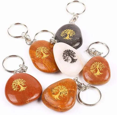 Vista 5 de ROCKIMPACT 12 llaveros de piedra inspiradora de árbol de la vida, llaveros grabados de roca de río natural, llavero de piedra de bolsillo, llavero