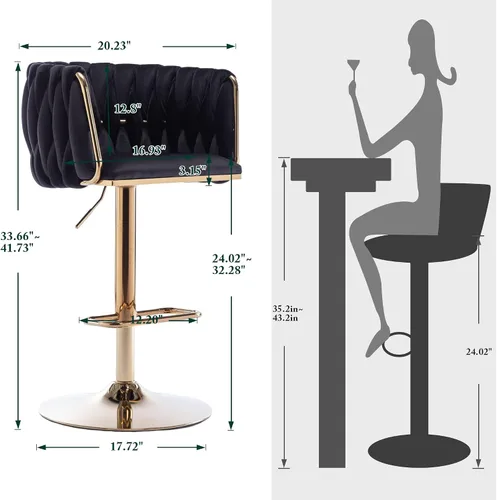 Vista 3 de Juego de 2 taburetes de bar giratorios de terciopelo, modernos taburetes ajustables con respaldo, base dorada y reposapiés para cocina, isla, Negro